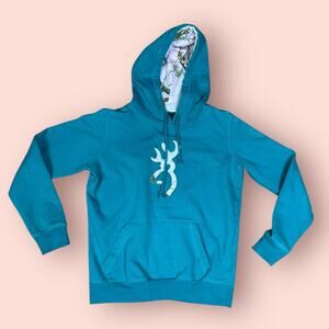 Y2K Browning Hoodie Medium Turquoise Green Camouflage Hood Hunting Sweatshirt